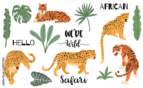 Cute animal object collection with leopard,tiger. illustration for icon,logo,sticker,printable.Include wording we are wild