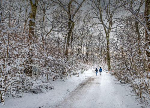 couple in the winter woods on a walk through the snow