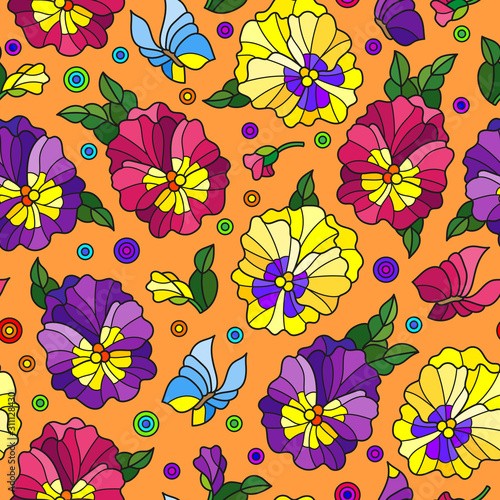 Seamless pattern with pansys and butterflies, bright flowers on orange background