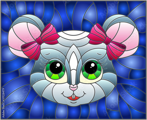 Illustration in stained glass style with cartoon  mouse head on a blue background 