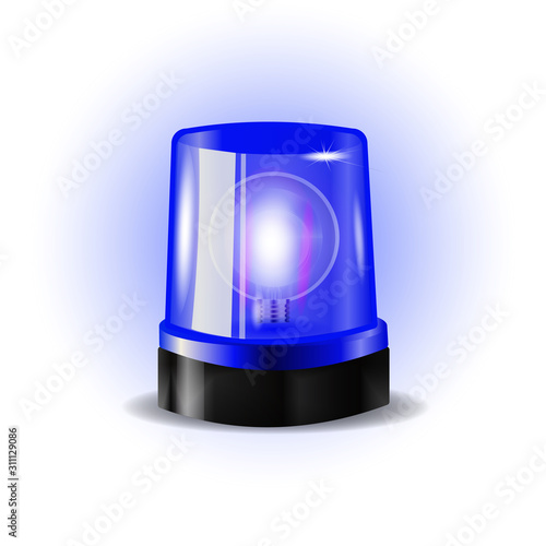 Blue flashers Siren Vector. Realistic Object. Light Effect. Beacon For Police Cars Ambulance, Fire Trucks. Emergency Flashing Siren.