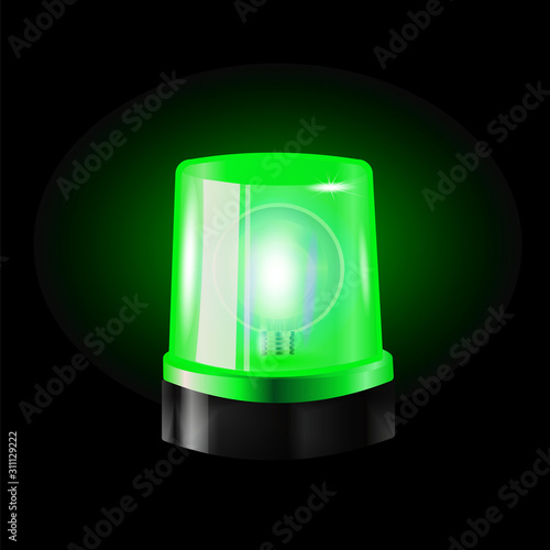 Green flashers Siren Vector. Realistic Object. Light Effect. Beacon For Police Cars Ambulance, Fire Trucks. Emergency Flashing Siren.