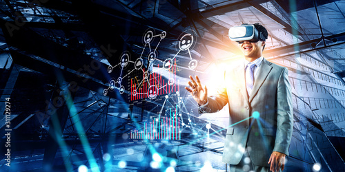 Businessman in virtual mask. Mixed media