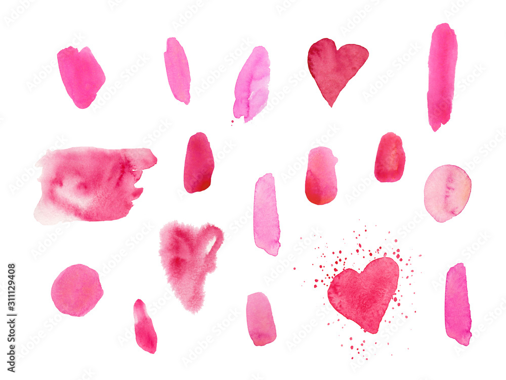 A set of pink watercolour textures for Valentine 's Day. Circles, blots, splashes, hearts and lines on an isolated background. Design for cards, textiles, packaging paper, stickers, web, backgrounds. A set of pink watercolour textures for Valentine 's Day. Circles, blots, splashes, hearts and lines on an isolated background. Design for cards, textiles, packaging paper, stickers, web, backgrounds.