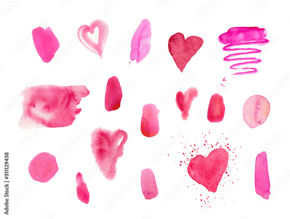 A set of pink watercolour textures for Valentine 's Day. Circles, blots, splashes, hearts and lines on an isolated background. Design for cards, textiles, packaging paper, stickers, web, backgrounds. A set of pink watercolour textures for Valentine 's Day. Circles, blots, splashes, hearts and lines on an isolated background. Design for cards, textiles, packaging paper, stickers, web, backgrounds.