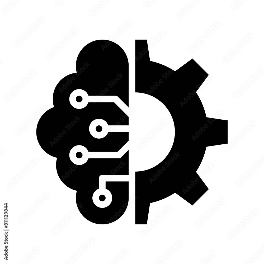 Half brain and half gear vector, Artificial related sollid design icon