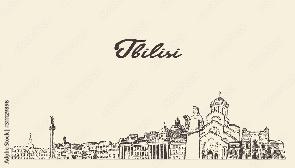 Tbilisi skyline, Georgia, hand drawn vector sketch