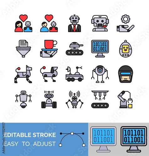 Robotics related filled style icon set, vector illustration