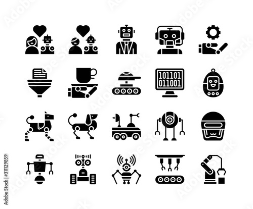 Robotics related solid style icon set, vector illustration