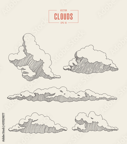 Set engraved style clouds drawn vector sketch