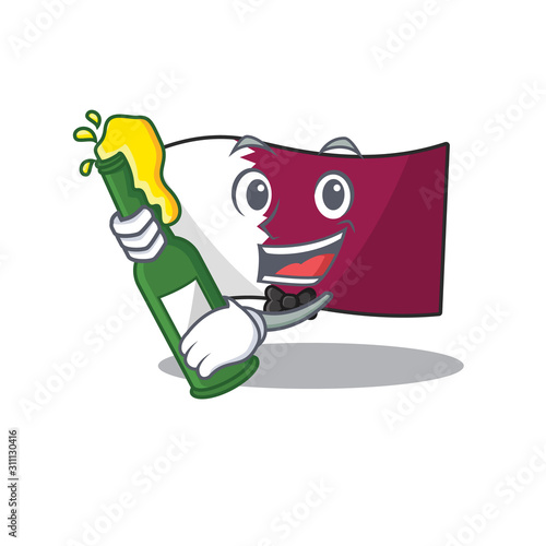 Flag qatar Scroll with bottle of beer mascot cartoon style