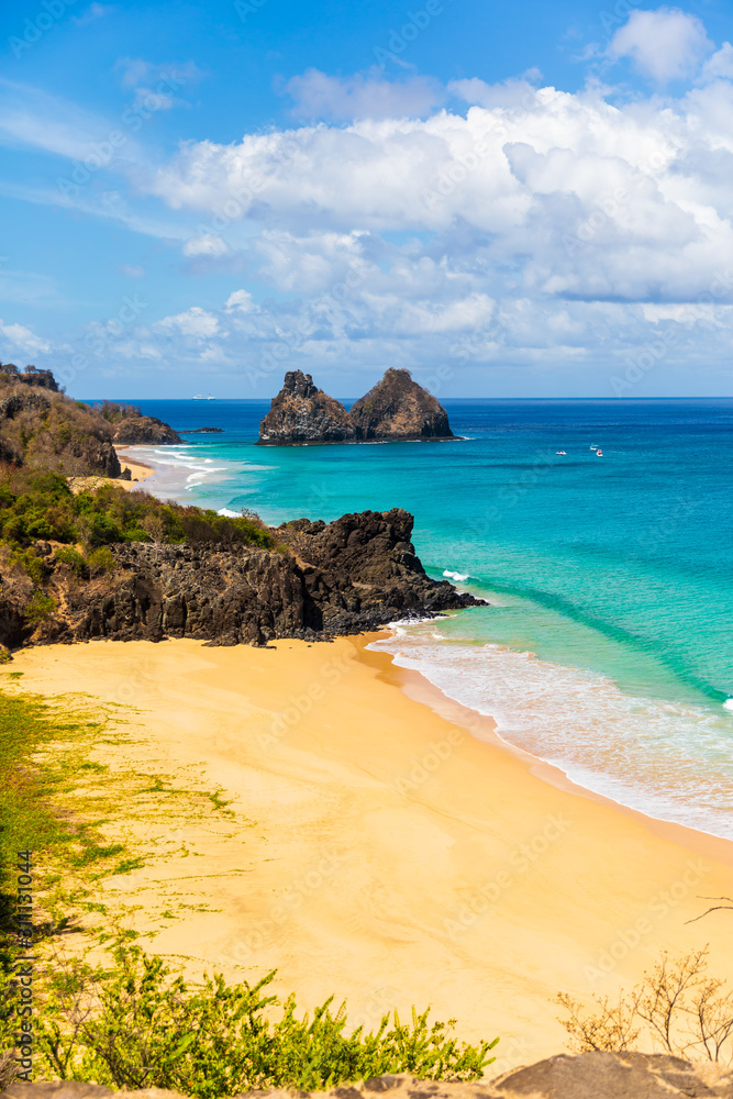 Beautiful view of Americano and Cacimba do Padre beaches in Fernando de Noronha and Morro dos Dois Irmãos in the background