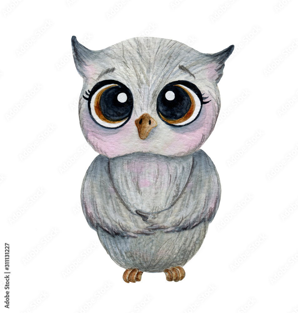 cute gray owl with big eyes watercolor cute gray owl with big eyes watercolor