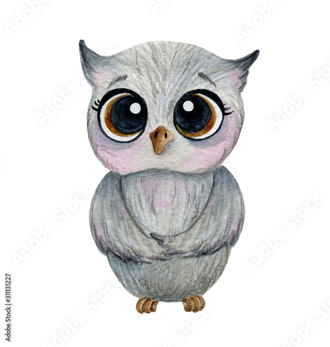  cute gray owl with big eyes watercolor © alexlaz