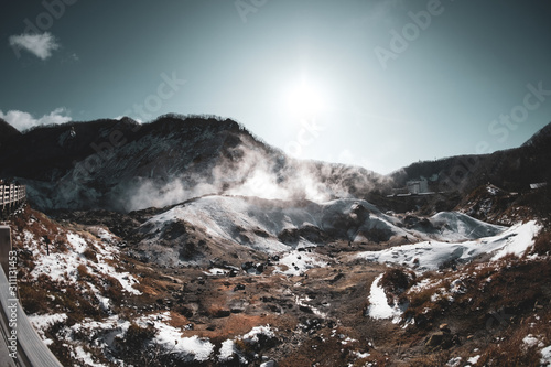 Jigokudani valley, active volcano in winter snow at Noboribetsu