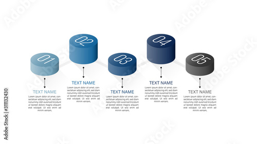 Business process chart infographics with 5 step segments. Isometric 3d corporate timeline infograph elements. Company presentation slide template. Modern vector info graphic layout design.