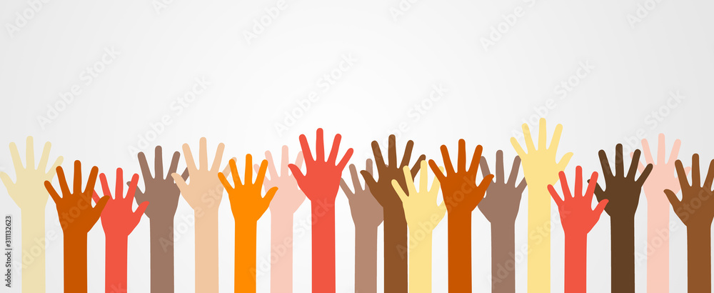 Group of raised up colorful hands different skin color tone of many people, Teamwork, Diversity people concept, Cultural and Ethnic diversity concept. - obrazy, fototapety, plakaty 