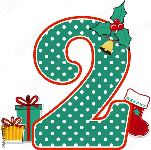 number 2 with green and white polka dots pattern and christmas design elements isolated on white background. can be used for holiday season card, nursery decoration or christmas party invitation