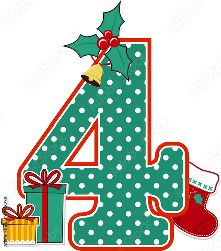 number 4 with green and white polka dots pattern and christmas design elements isolated on white background. can be used for holiday season card, nursery decoration or christmas party invitation
