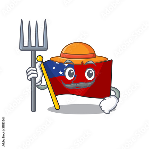 Happy Farmer flag samoa Scroll cartoon character with hat and tools