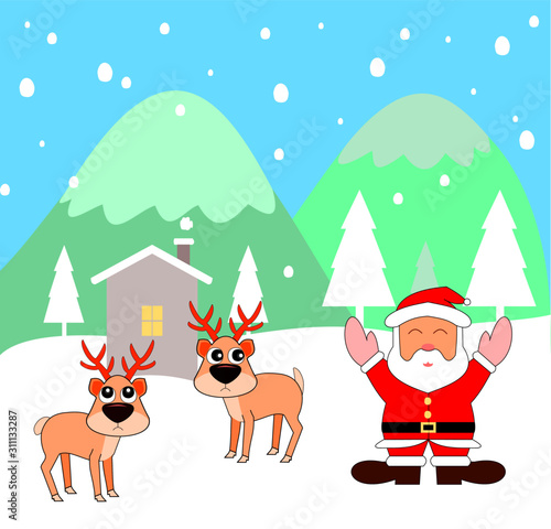 Santa Claus standing and spreading his arms to experience the cold weather of winter, Two reindeer with house in the valley covered with snow, Pine forest  with green mountain and blue sky  © anant_kaset