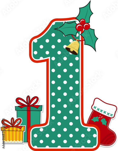 number 1 with green and white polka dots pattern and christmas design elements isolated on white background. can be used for holiday season card, nursery decoration or christmas party invitation