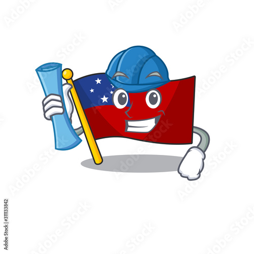 Cheerful Architect flag samoa Scroll with blue prints and blue helmet
