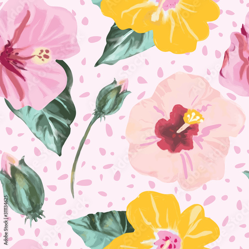 Tropical painted hibiscus flowers pattern in pink, green and yellow. Modern and colorful seamless vector design, perfect for textile, fashion, home decor, stationery and cards. Large scale floral.