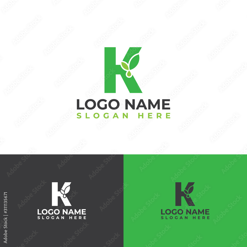 Initial K letter leaves with water droplets. Minimalist and modern cannabis leaf design Initial K letter leaves with water droplets. Minimalist and modern cannabis leaf design