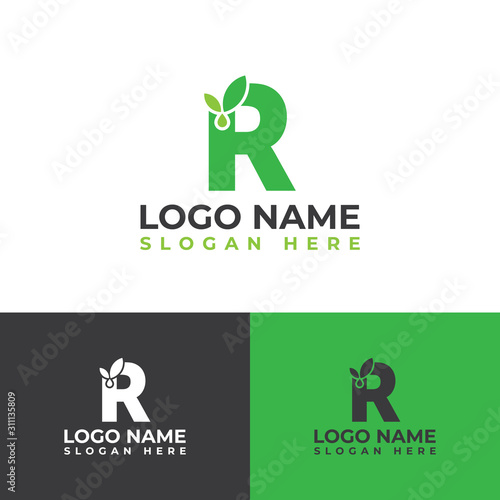Initial R letter leaves with water droplets. Minimalist and modern cannabis leaf design