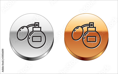 Black line Aftershave icon isolated on white background. Cologne spray icon. Male perfume bottle. Silver-gold circle button. Vector Illustration