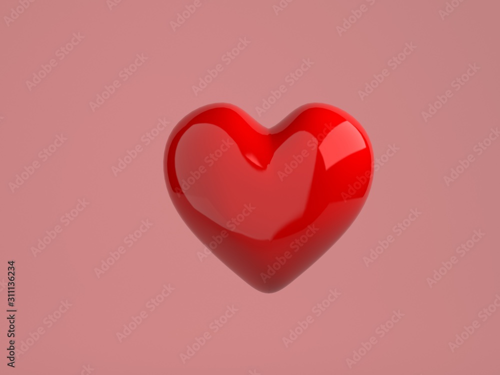 Valentine's Day background with red heart on pink,3d render.