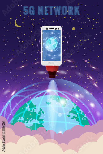 Smartphone rocket is flying in the sky start up. 5G internet new mobile wireless technology wifi connection