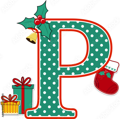 capital letter p with polka dots pattern and christmas design elements isolated on white background. can be used for holiday season card, nursery decoration or christmas celebration invitation
