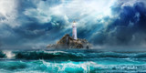 Lighthouse in storm with big waves awaiting tsunami