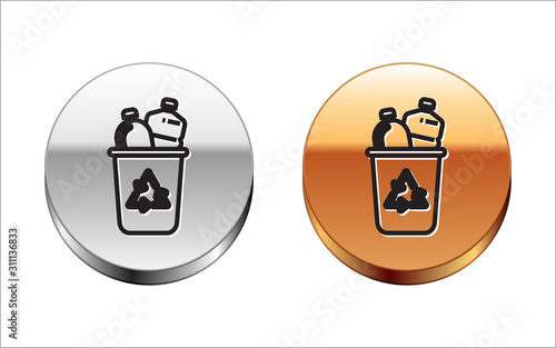 Black line Recycle bin with recycle symbol icon isolated on white background. Trash can icon. Garbage bin sign. Recycle basket sign. Silver-gold circle button. Vector Illustration