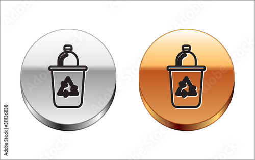 Black line Recycle bin with recycle symbol icon isolated on white background. Trash can icon. Garbage bin sign. Recycle basket sign. Silver-gold circle button. Vector Illustration