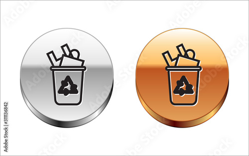 Black line Recycle bin with recycle symbol icon isolated on white background. Trash can icon. Garbage bin sign. Recycle basket sign. Silver-gold circle button. Vector Illustration