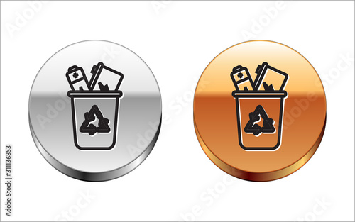 Black line Recycle bin with recycle symbol icon isolated on white background. Trash can icon. Garbage bin sign. Recycle basket sign. Silver-gold circle button. Vector Illustration