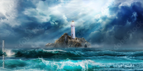 Obraz na plátně Lighthouse in storm with big waves awaiting tsunami