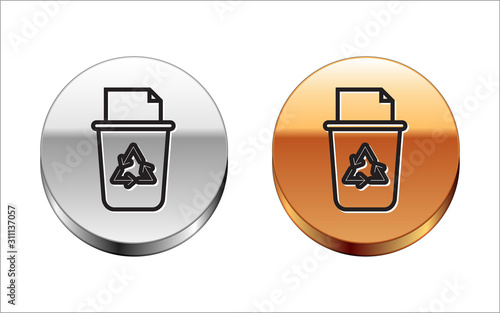 Black line Recycle bin with recycle symbol icon isolated on white background. Trash can icon. Garbage bin sign. Recycle basket sign. Silver-gold circle button. Vector Illustration