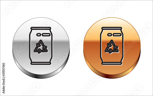 Black line Can with recycle symbol and can icon isolated on white background. Trash can icon. Garbage bin sign. Recycle basket sign. Silver-gold circle button. Vector Illustration