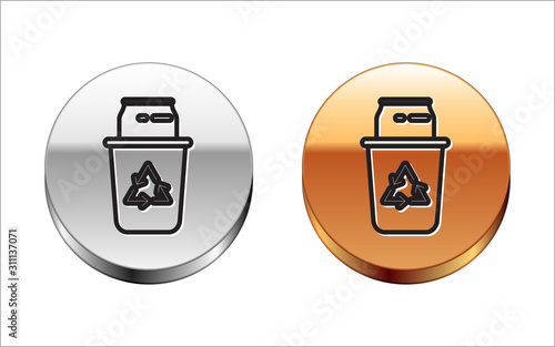 Black line Recycle bin with recycle symbol and can icon isolated on white background. Trash can icon. Garbage bin sign. Recycle basket sign. Silver-gold circle button. Vector Illustration