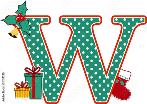 capital letter w with polka dots pattern and christmas design elements isolated on white background. can be used for holiday season card, nursery decoration or christmas celebration invitation