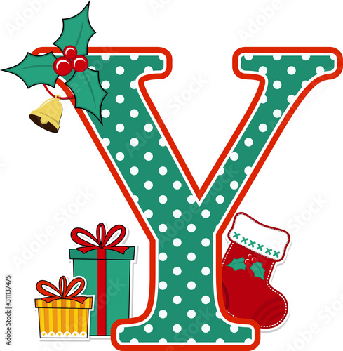 capital letter y with polka dots pattern and christmas design elements isolated on white background. can be used for holiday season card, nursery decoration or christmas celebration invitation