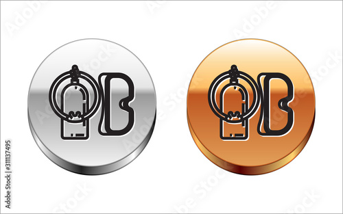 Black line Diving mask and aqualung icon isolated on white background. Oxygen tank for diver. Extreme sport. Sport equipment. Silver-gold circle button. Vector Illustration