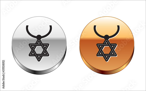 Black line Star of David necklace on chain icon isolated on white background. Jewish religion symbol. Symbol of Israel. Jewellery and accessory. Silver-gold circle button. Vector Illustration
