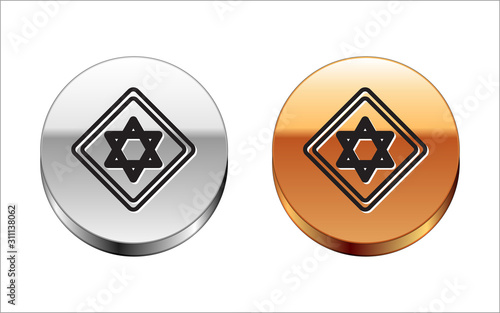 Black line Star of David icon isolated on white background. Jewish religion symbol. Symbol of Israel. Silver-gold circle button. Vector Illustration