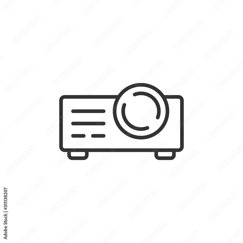 Video projector sign icon in flat style. Cinema presentation device vector illustration on white isolated background. Conference business concept. Video projector sign icon in flat style. Cinema presentation device vector illustration on white isolated background. Conference business concept.