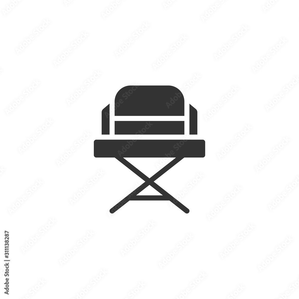 Director chair icon in flat style. Producer seat vector illustration on white isolated background. Movie business concept. Director chair icon in flat style. Producer seat vector illustration on white isolated background. Movie business concept.